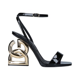 Dolce & Gabbana 90's Logo Sandals in black patent leather with sculptural gold DG logo block heel and ankle strap