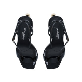 Dolce & Gabbana 90's Logo Sandals in black patent leather, platform toe, ankle strap with buckle, block heel, top-down view