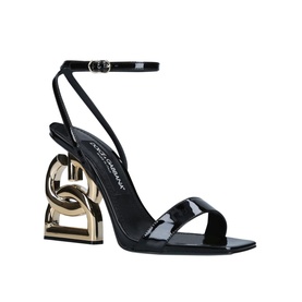 Dolce & Gabbana 90's Logo Sandals in black patent leather with gold DG sculpted block heel and ankle strap