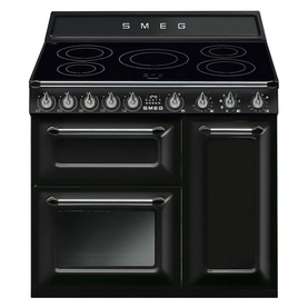 Smeg Victoria Cooker in black with induction hob, five zones, chrome knobs, and two oven compartments