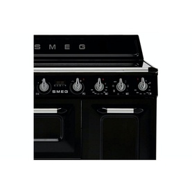 Smeg Victoria Cooker in black with induction hob, chrome control knobs, and double oven doors, close-up view