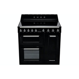 Smeg Victoria Cooker in black with induction hob, chrome knobs, and double oven cavity, front-facing product view