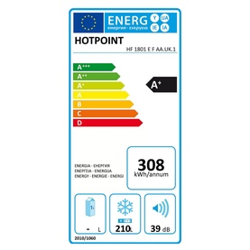 Hotpoint FROST FREE Integrated Freezer 55cm EU energy label showing A+ rating, 308 kWh/annum, 210L capacity and 39dB noise level