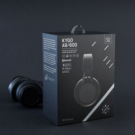 Kygo A9/600 Headphones in black, shown alongside product packaging box on dark background