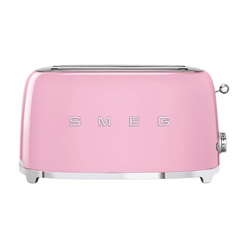 Smeg 50's Retro Style Aesthetic 4 Slice Toaster in pink with chrome embossed logo lettering and silver feet
