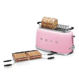 Smeg 50's Retro Style Aesthetic 4 Slice Toaster in pink with chrome accents, sandwich rack and panini press attachments shown alongside.