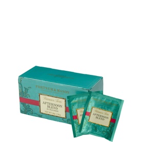 Fortnum & Mason Afternoon Blend Tea, teal gift box with 25 individually wrapped tea bags displayed alongside the packaging