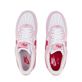 Nike Air Force 1 '07 Trainers in pink and white with red swoosh, flat lay showing pair from above, white laces and rubber sole