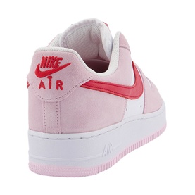 Nike Air Force 1 '07 Trainers in pink suede with red swoosh logo, white midsole and Air branding, rear three-quarter view
