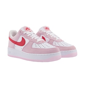 Nike Air Force 1 '07 Trainers in pink and white with red swoosh, low-top silhouette and white sole, pair angled view