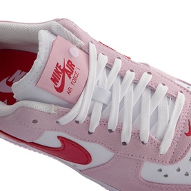 Nike Air Force 1 '07 Trainers in pink and white with red swoosh logo, white laces and white rubber sole