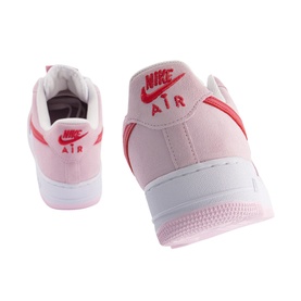 Nike Air Force 1 '07 Trainers in pink with red Nike Air branding and white rubber sole, heel and toe view