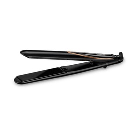 BaByliss 3Q Hair Straightener in black with rose gold accent stripe, sleek flat iron design with wide ceramic plates