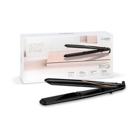 BaByliss 3Q Hair Straightener in black with rose gold accents, shown with product packaging box