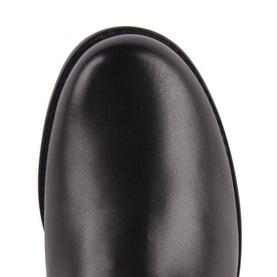 Stuart Weitzman 50/50 Suede Leather Over-The-Knee Boots in black, close-up of rounded toe and smooth leather upper