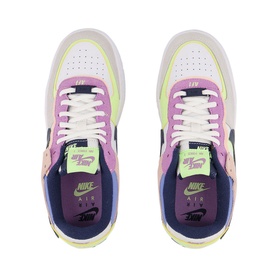 Nike Air Force 1 Shadow trainers in multi-colourway with white leather upper, yellow, pink and navy accents, white sole, top-down view