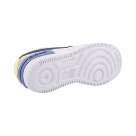 Nike Air Force 1 Shadow trainers sole view, white rubber outsole with multicolour accents in yellow, blue and purple