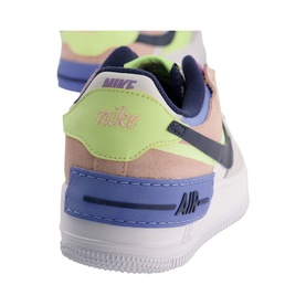Nike Air Force 1 Shadow trainers in multi colourway, featuring pink, lilac, lime and navy panels on white sole, heel detail view