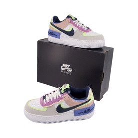 Nike Air Force 1 Shadow trainers in multi colourway with pink, lilac, green and navy panels, white sole, shown with box