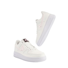 Nike Air Force 1 07 Trainers in brown, white leather upper, flat white sole, burgundy swoosh and heel tab detail, shown in two angles