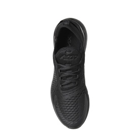 Nike Air Max 270 trainer in triple black, top-down view showing mesh upper, lace fastening and embossed swoosh branding