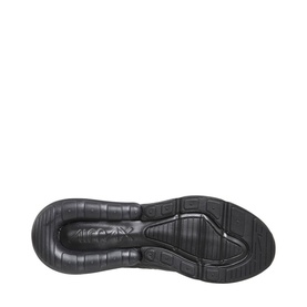 Nike Air Max 270 trainer in black, sole view showing ribbed rubber outsole with Air unit cushioning in all-black colourway