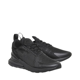 Nike Air Max 270 trainers in black, mesh and synthetic upper, large Air unit heel, black sole, shown as a pair