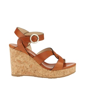 Jimmy Choo Aleili 100 Leather Wedge sandal in brown, cork platform wedge heel, crossover straps, round gold buckle fastening