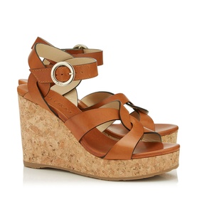 Jimmy Choo Aleili 100 Leather Wedge sandal in brown with gold buckle, cork platform wedge heel, strappy open-toe design