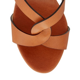 Jimmy Choo Aleili 100 Leather Wedge sandal in brown, top-down view showing crossover leather straps with contrast piping detail