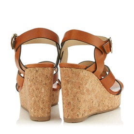 Jimmy Choo Aleili 100 Leather Wedge sandal in brown, rear view showing cross-strap ankle detail and natural cork wedge heel