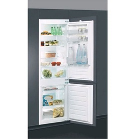 Indesit 70/30 Integrated Fridge Freezer shown open, displaying stocked fridge compartment above smaller freezer drawer below
