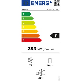 Indesit 70/30 Integrated Fridge Freezer EU energy label, rated F, 283 kWh/annum, 79L freezer and 194L fridge capacity
