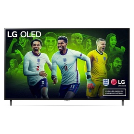 LG 77 Inch 4K OLED A16 Smart TV in black, displaying England football players on screen, with slim silver stand