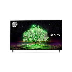 LG 77 Inch 4K OLED A16 Smart TV in black, front view displaying vibrant green tree screensaver on screen