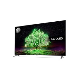 LG 77 Inch 4K OLED A16 Smart TV in black, slim profile with silver stand, displaying vibrant green tree on screen