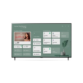LG 77 Inch 4K OLED A16 Smart TV in black, shown with Home Dashboard smart interface on screen, styled with a small plant beside it