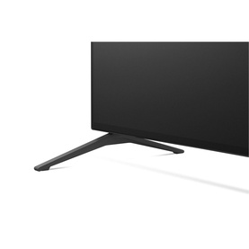 LG 77 Inch 4K OLED A16 Smart TV in black, close-up of lower-right corner showing slim panel and stand leg detail