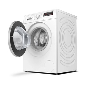 Bosch Serie 4 8kg 1400rpm washing machine in white, front-loading with open door revealing stainless steel drum and black door seal