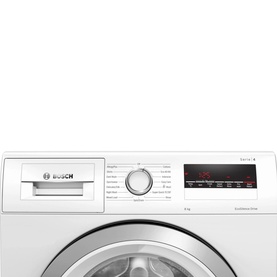 Bosch Serie 4 Washing Machine 8kg 1400rpm in white, showing control panel with digital display and programme dial