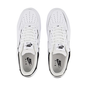 Nike Air Force 1/1 Trainers in white, overhead flat-lay showing perforated toe box, black Swoosh, and Air branding on heel tab