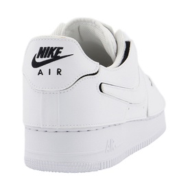 Nike Air Force 1/1 Trainers in white leather, rear three-quarter view showing black Nike Air branding and clean white sole