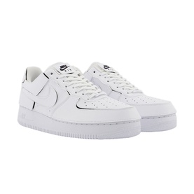 Nike Air Force 1/1 Trainers in white leather with black Swoosh logo detailing and white rubber sole, pair shown