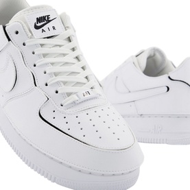 Nike Air Force 1/1 Trainers in white leather with black Nike Air branding, white rubber cupsole, shown as a pair