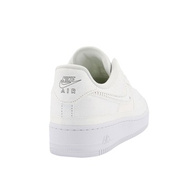 Nike Air Force 1 07 Trainers in triple white leather with embossed Air branding and white rubber sole, rear angle view
