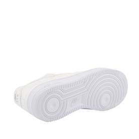 Nike Air Force 1 07 Trainers white sole unit, showing circular heel cushioning detail and flat rubber outsole