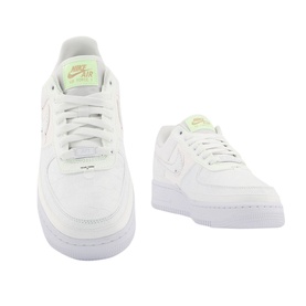 Nike Air Force 1 07 Trainers in white leather with pale yellow Swoosh and tongue branding, white sole, shown from front and side angles