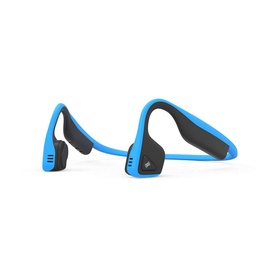 Aftershokz Trekz Titanium Wireless Headphones in blue and black, open-ear bone conduction design with flexible titanium band
