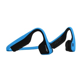 Aftershokz Trekz Titanium Wireless Headphones in blue and black, open-ear bone conduction design with flexible wraparound band