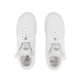 Nike Air Force 1 07 Trainers in white, overhead view showing lace fastening, perforated toe box and contrast branding insole detail